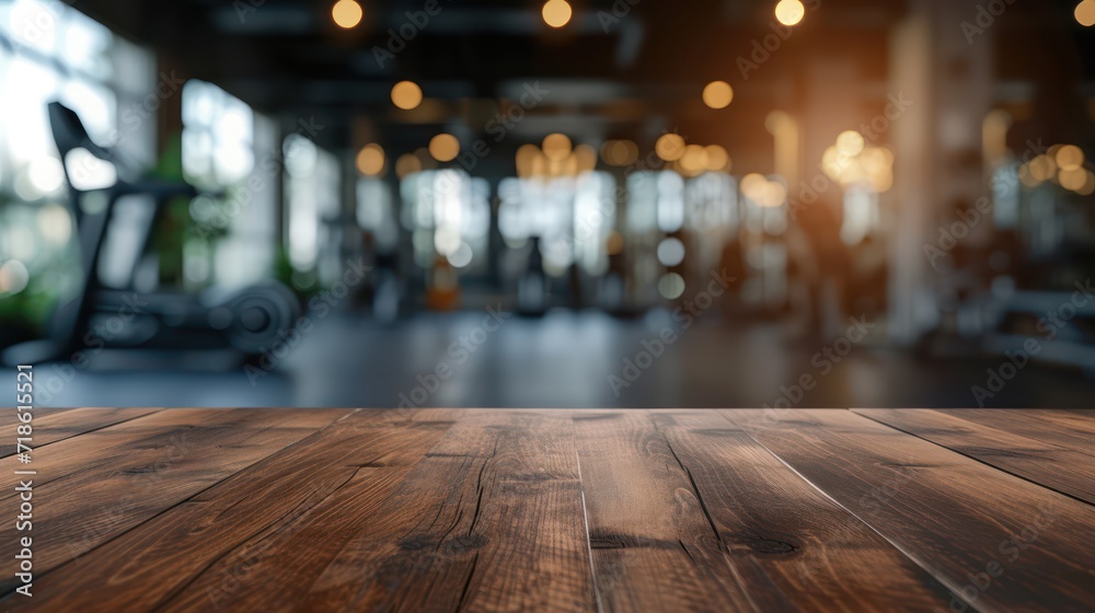Empty wood table and blurred fitness gym background. product display template.
