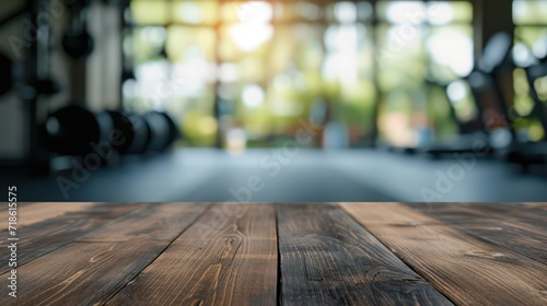 Empty wood table and blur fitness gym background, product display montage
