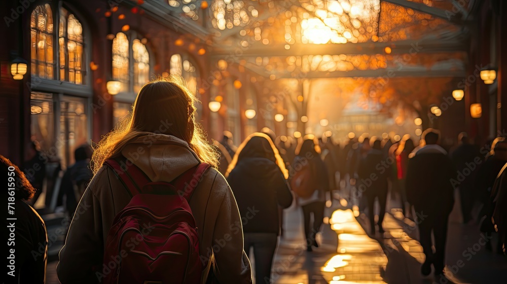A woman walking down a sunlit city street crowded with people, in autumn.