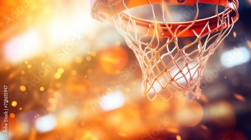basketball professional scoring ball over the hoop at stadium shot in dynamic active macro closeup with particles and bokeh, sports success concept copy space banner photo