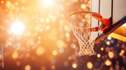 basketball professional scoring ball over the hoop at stadium shot in dynamic active macro closeup with particles and bokeh, sports success concept copy space banner © ANStudio