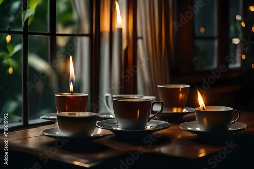 green tea and candles in the window bokeh background