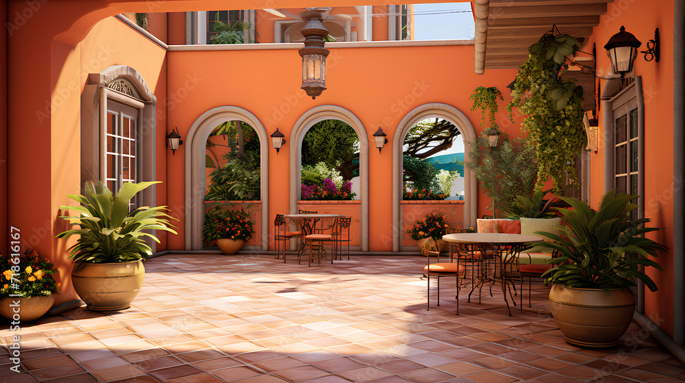 Design a one-floor building inspired by Mexican architecture, featuring the iconic peach-colored walls and utilizing the technique of trompe-l'oeil to create the appearance of concrete textures Design a one-floor building inspired by Mexican architecture, featuring the iconic peach-colored walls and utilizing the technique of trompe-l'oeil to create the appearance of concrete textures
