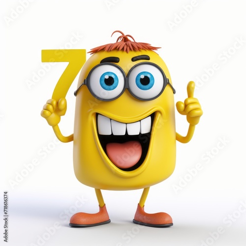 3D happy funny 7 number character on white background