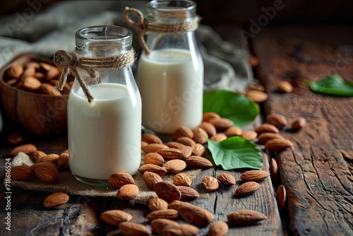 Bottled almond milk with almond nuts on wooden backdrop
