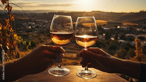 Two hands clinking glasses of rose wine against a vineyard at sunset.