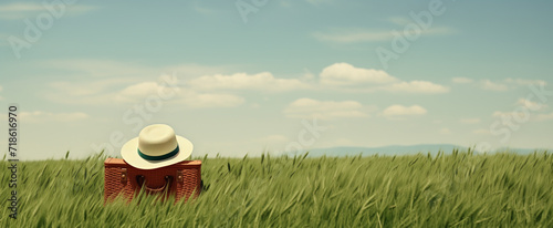 picnic basket and hat sitting in a field, shady sky, in the style of minimalist figuration
