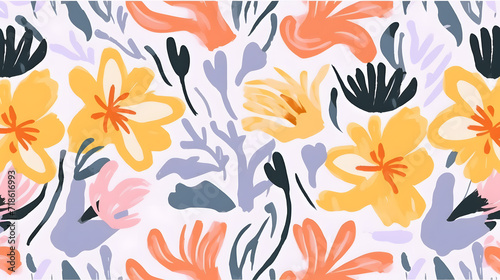 Abstract hand drawn flower art seamless pattern . Acrylic paint nature floral background in vintage art style. Spring season painting print. #718616993