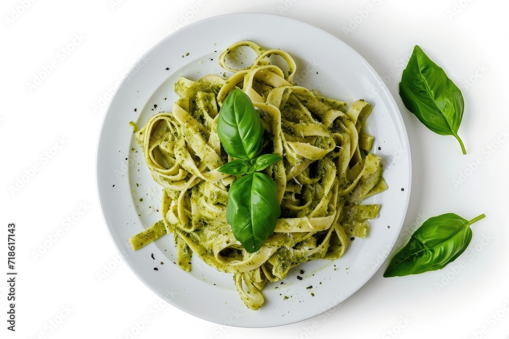 Top view of isolated plate with pasta and pesto sauce on white background Top view of isolated plate with pasta and pesto sauce on white background