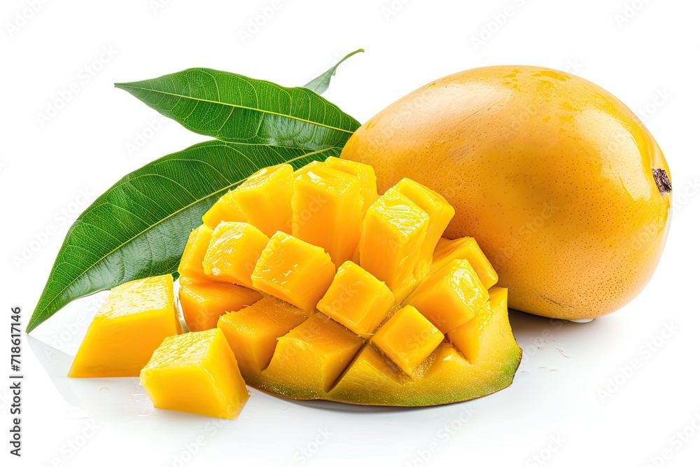 Sliced yellow Mango with green leaf on white background Sliced yellow Mango with green leaf on white background