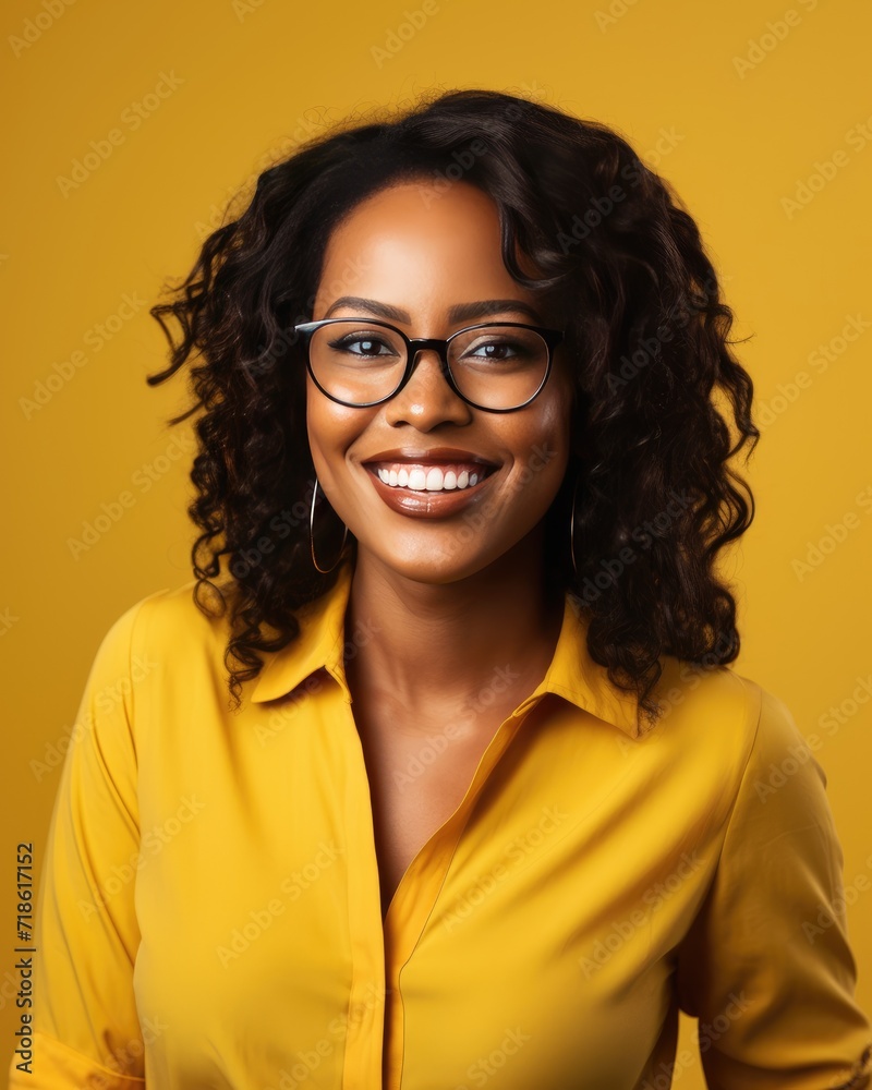 Portrait of a smiling dark-skinned woman in yellow shirt wearing glasses on yellow background. Optics and eyewear concepts Portrait of a smiling dark-skinned woman in yellow shirt wearing glasses on yellow background. Optics and eyewear concepts
