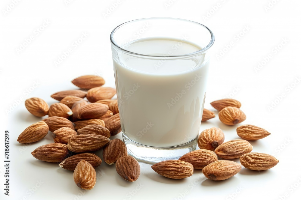 Isolated white background with almond milk glass and seeds Isolated white background with almond milk glass and seeds