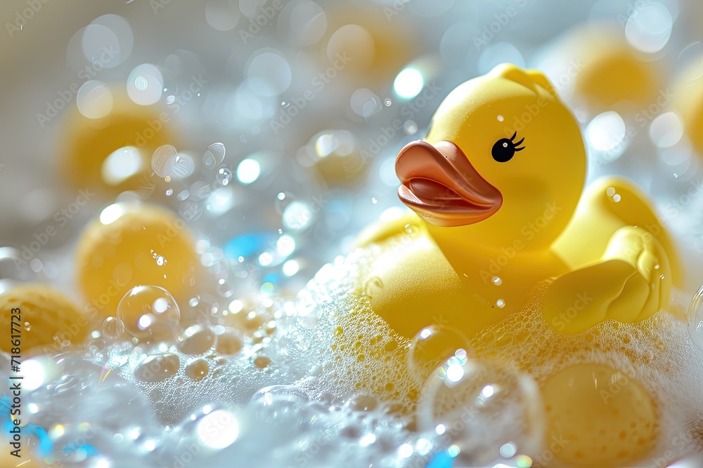 Baby bath products such as soap bubbles and bath foam including a yellow rubber duck for bath games Baby bath products such as soap bubbles and bath foam including a yellow rubber duck for bath games