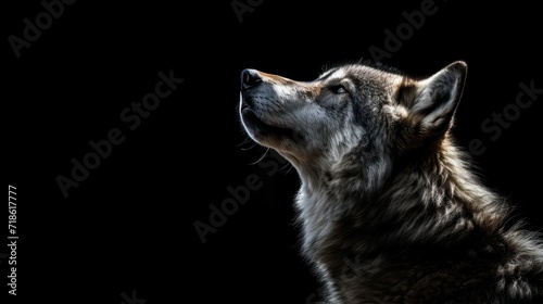 gray wild wolf profile portrait heading up howling at night isolated on black background with copyspace area