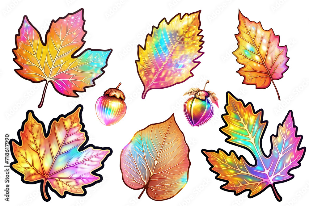 Multicolored holographic gradient vibrant trendy botanical illustration abstract collection. holographic sticker on a transparent background. autumn leaves. clipart, collection, set