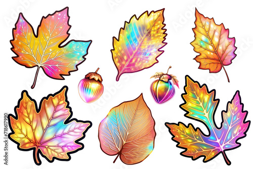 Multicolored holographic gradient vibrant trendy botanical illustration abstract collection. holographic sticker on a transparent background. autumn leaves. clipart  collection  set