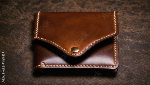 A wallet made of brown leather sits on a wooden table.