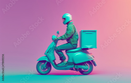 Delivery service  scooter and man driving a bike for courier business company  food parcel transport or app. Motorcycle  transportation and employee for online shopping  ecommerce or shipment