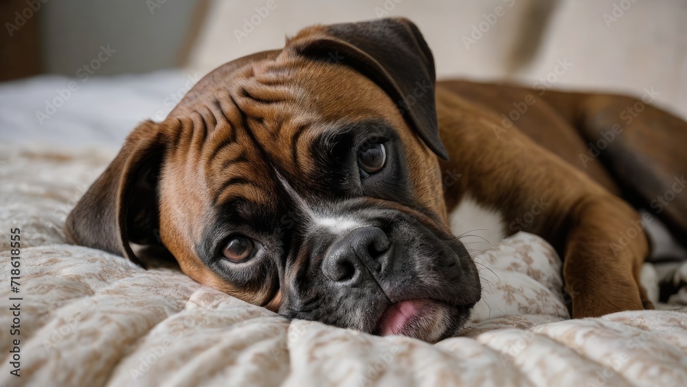 Brindle boxer lying on bed in the bedroom
