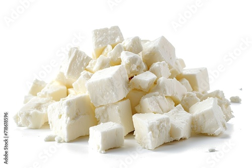 Piled feta cubes on white background