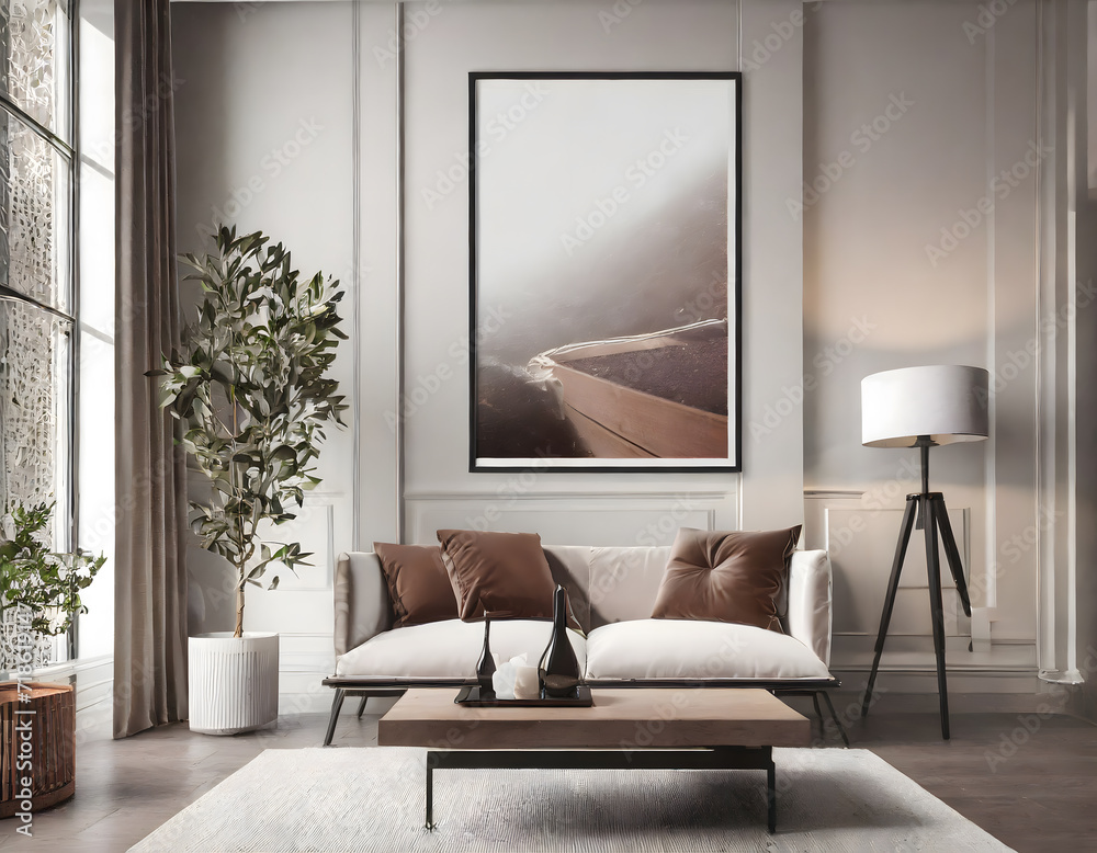 Mockup poster frame on the wall of living room. Generative AI. Mockup poster frame on the wall of living room. Generative AI.