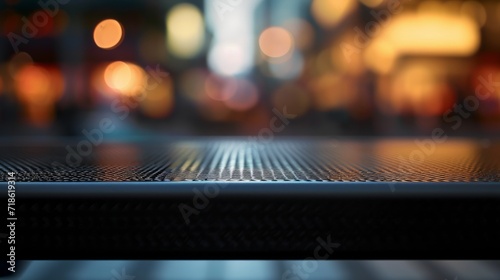 Metropolitan Twilight: Black Mesh Table Surface Over Cityscape with Bokeh Lights for Product Showcasing