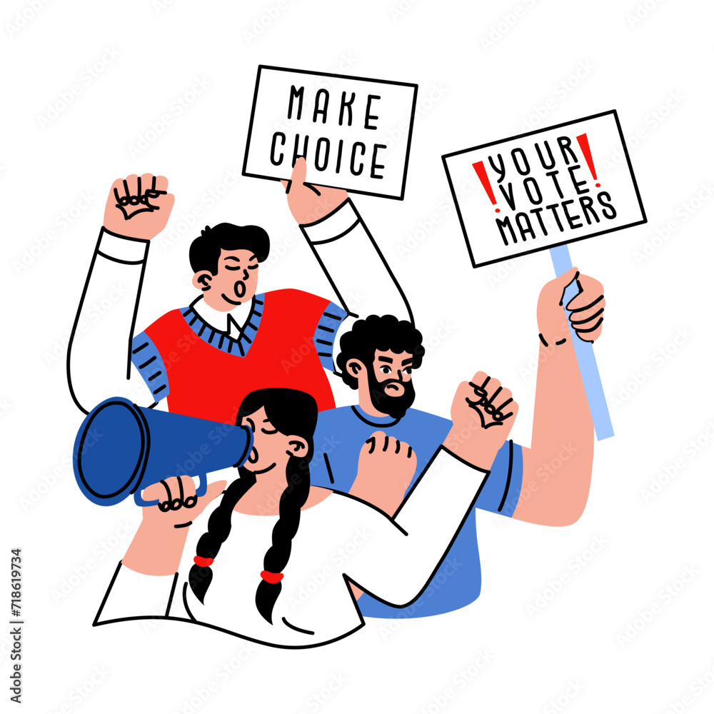 Naklejka premium People with placards and raised hands at a demonstration. Banner inscriptions make a choice and your voice matters. State elections. Selecting a candidate for political office. Vector illustration