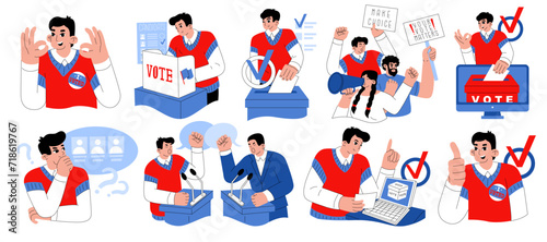 Activists vote at polling stations, hold debates and rallies. State elections. Selecting a candidate for political office. Vector illustration on a social theme.