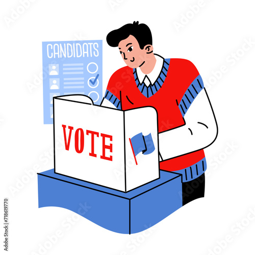 A man votes behind a screen at a polling station. State elections. Selecting a candidate for political office. Vector illustration on a social theme.