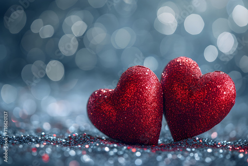 Two Hearts On red Glitter In Bokeh Background - Valentine's Day Concept1 photo