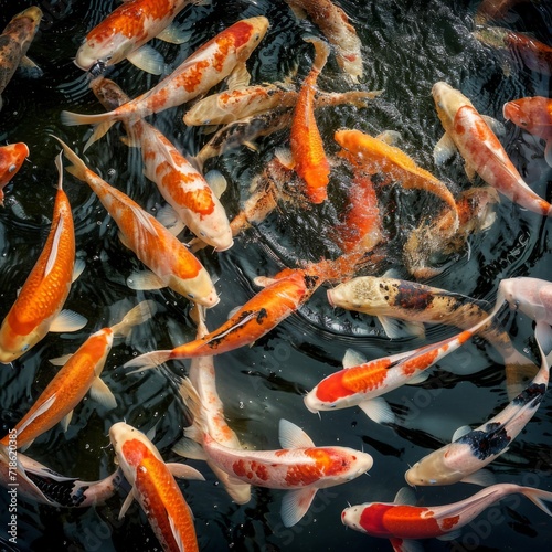 Vibrant Koi Fish Gathering in a Pond, an Aerial View of Aquatic Harmony