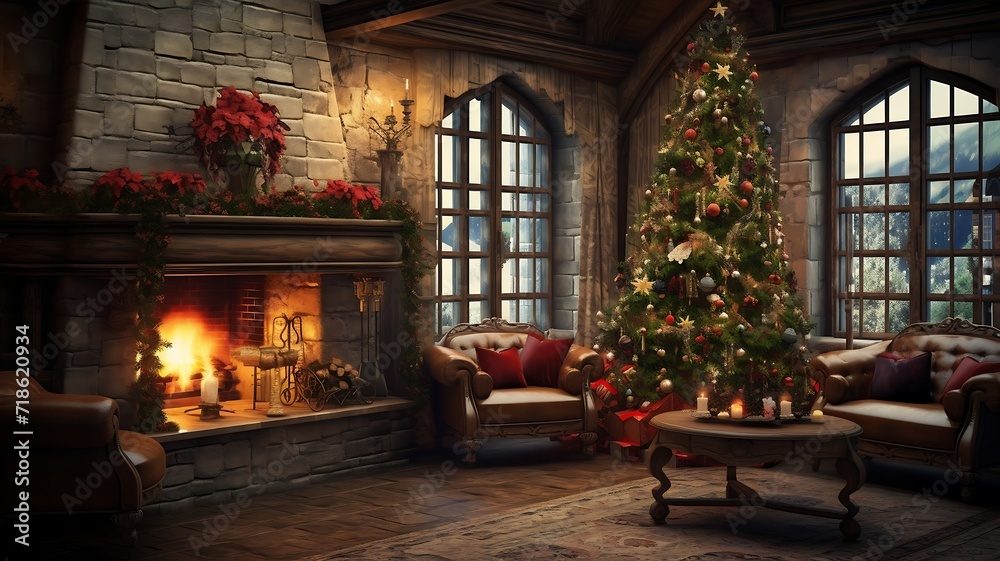 Christmas living room interior with fireplace and Christmas tree. 3D rendering Christmas living room interior with fireplace and Christmas tree. 3D rendering