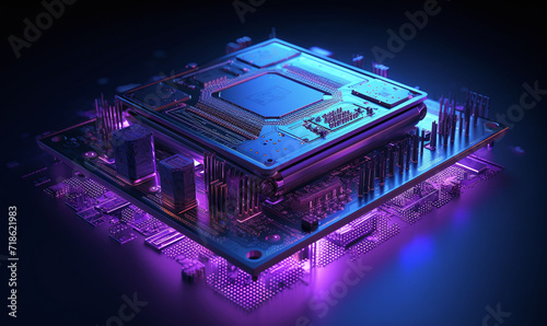 A hyper-realistic rendering of a semiconductor chip under neon lighting, the intricate details of the circuitry and components illuminated in vibrant hues of blue and purple