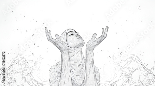 One line hand drawing. arms reaching up an Islamic prayer.  generative ai