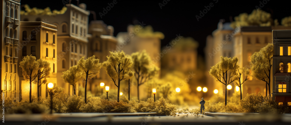 miniature house at night with lights and trees on it, in the style of blurred landscapes
