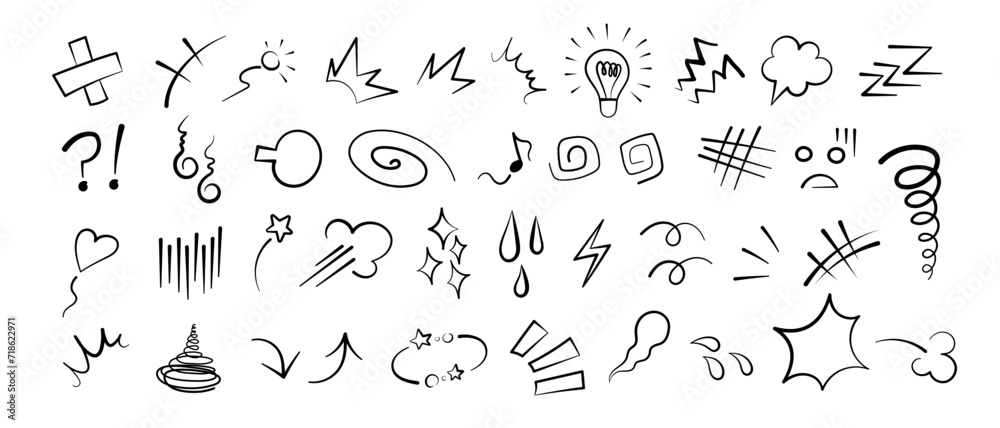 Anime comic emoticon element graphic effects hand drawn doodle vector illustration set isolated on white background. Cartoon style manga doodle line expression scribble anime mark collection.