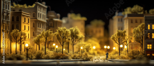 miniature house at night with lights and trees on it, in the style of blurred landscapes