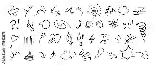 Anime comic emoticon element graphic effects hand drawn doodle vector illustration set isolated on white background. Cartoon style manga doodle line expression scribble anime mark collection.