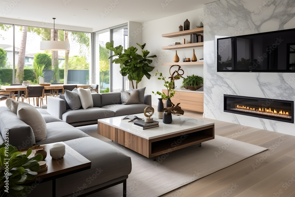 A modern living room, designed with an open concept, allows for a seamless flow of sight from the living area to the adjacent dining room and kitchen. The focal point of the room is a stylish marble A modern living room, designed with an open concept, allows for a seamless flow of sight from the living area to the adjacent dining room and kitchen. The focal point of the room is a stylish marble