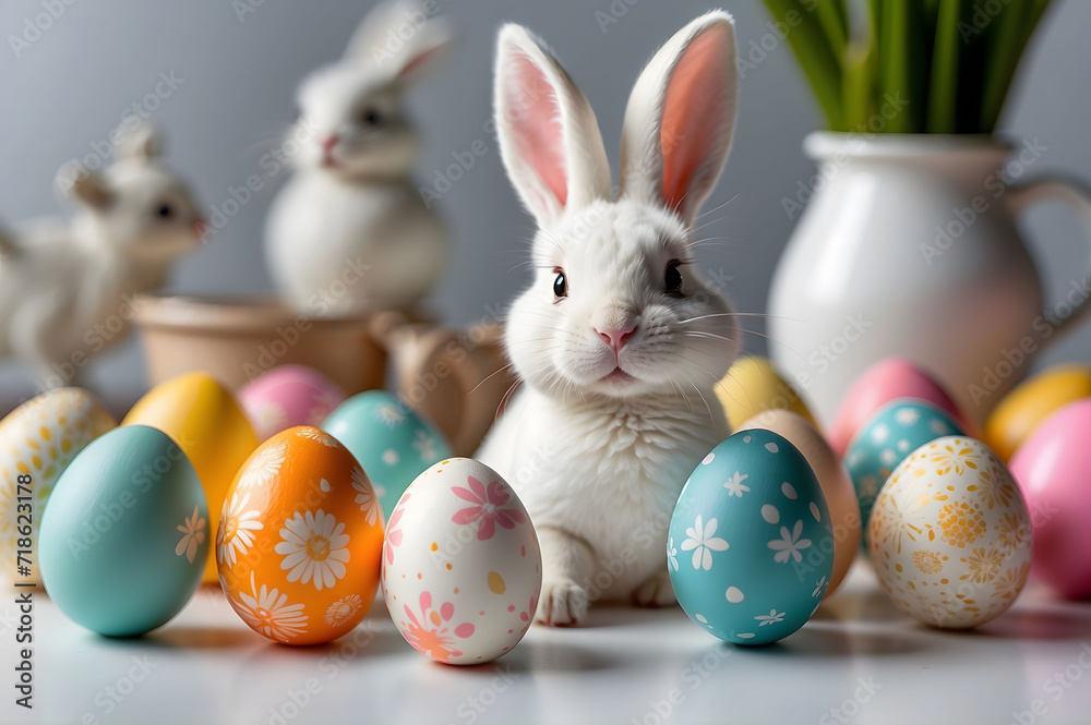 Cute easter bunny with eggs on a table, generative AI Cute easter bunny with eggs on a table, generative AI