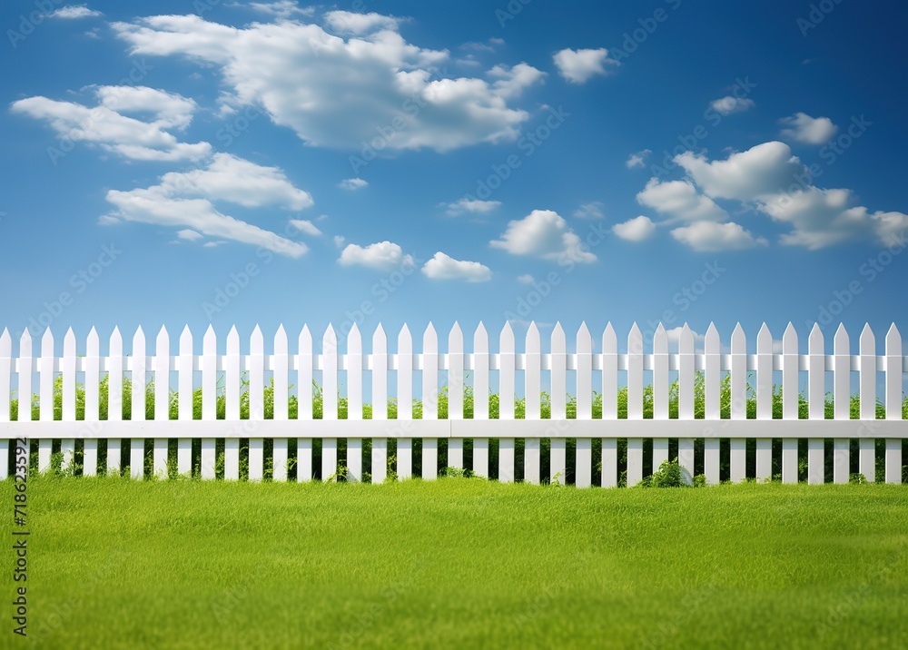 A white fence with blue sky and green grass. generative AI