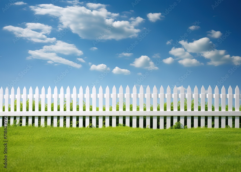 A white fence with blue sky and green grass. generative AI A white fence with blue sky and green grass. generative AI