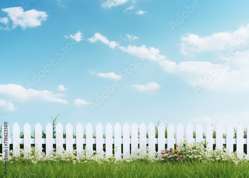 A white fence with blue sky and green grass. generative AI