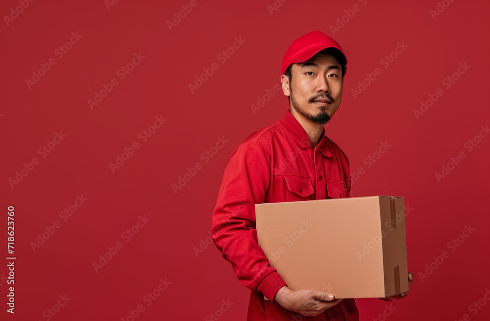 Delivery, cardboard box and man holding a package for courier business company or product distribution. Portrait, male closeup and parcel handover to consumer for online shopping, ecommerce or shipme Delivery, cardboard box and man holding a package for courier business company or product distribution. Portrait, male closeup and parcel handover to consumer for online shopping, ecommerce or shipme