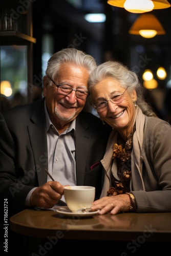 Senior couple enjoying a cup of coffee while reviewing their financial statements at a cafe, Generative AI