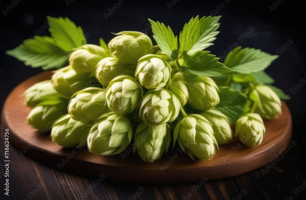 Ingredients for brewing beer, hops on a wooden table. Beer brewery concept.