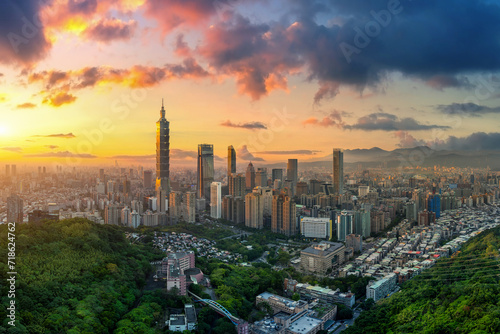 Taipei cityscape at sunset in Taiwan.