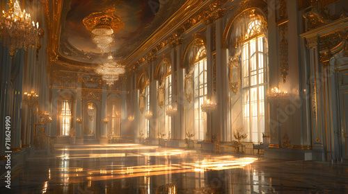 A realistic fantasy interior of the royal palace. gold and red palace. castle interior. Fiction Backdrop  generative ai
