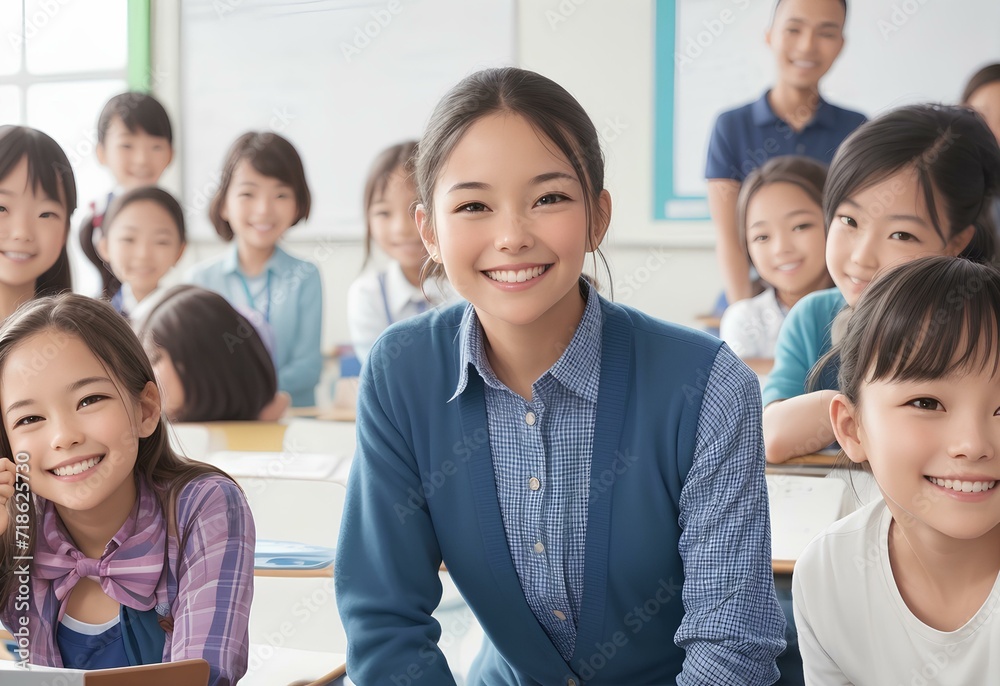 Portrait of smiling teacher in a class at elementary school looking at camera with learning students on background Portrait of smiling teacher in a class at elementary school looking at camera with learning students on background