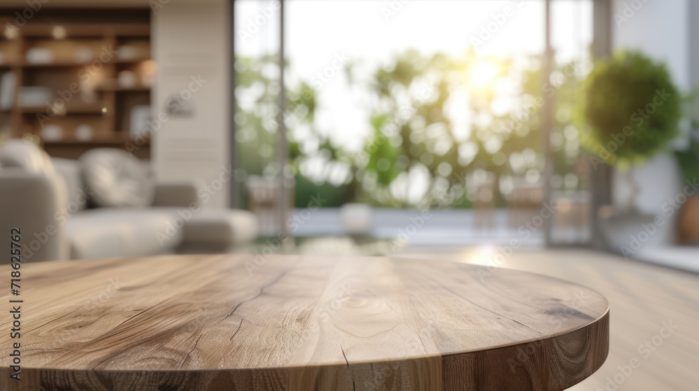 Empty wooden table and modern living room interior background. For product displa Empty wooden table and modern living room interior background. For product displa